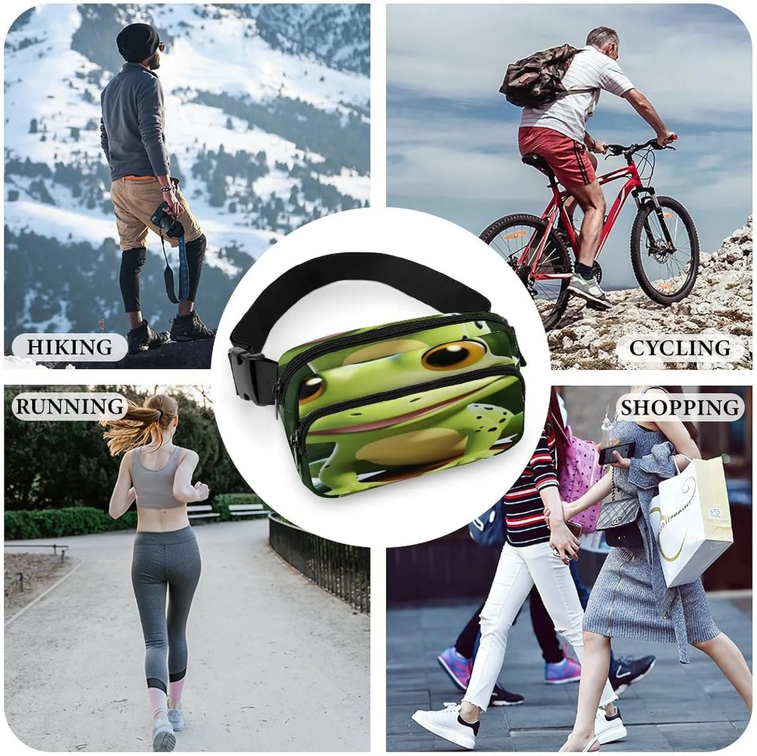 Large Waist Packs with Adjustable Strap,Cute Frog CrossBody Fanny Pack Casual Bag for Travel Sports Running Hiking