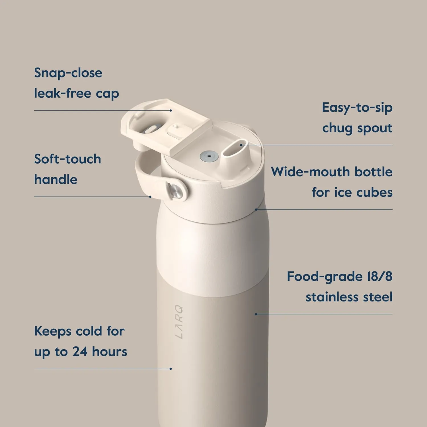 LARQ Bottle Swig Top 23oz - Insulated Reusable Stainless Steel Water Bottle With Built-In Silicone Handle | Thermos, BPA Free | For Sports, Gym, and Travel | Mojave Dune