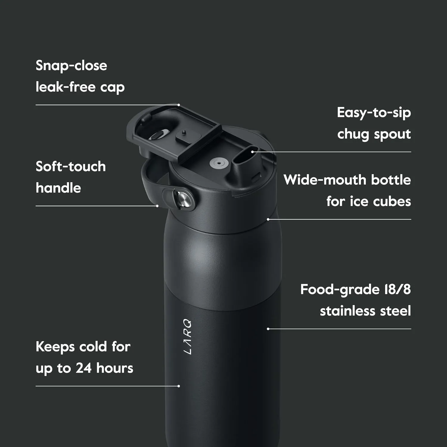 LARQ Bottle Swig Top 23oz - Insulated Stainless Steel Water Bottle With Built-In Silicone Handle | Thermos, BPA Free | Reusable Water Bottle for Sports, Gym, and Travel, Obsidian Black