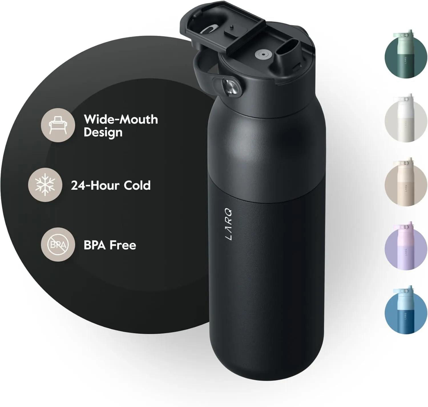 LARQ Bottle Swig Top 23oz - Insulated Stainless Steel Water Bottle With Built-In Silicone Handle | Thermos, BPA Free | Reusable Water Bottle for Sports, Gym, and Travel, Obsidian Black