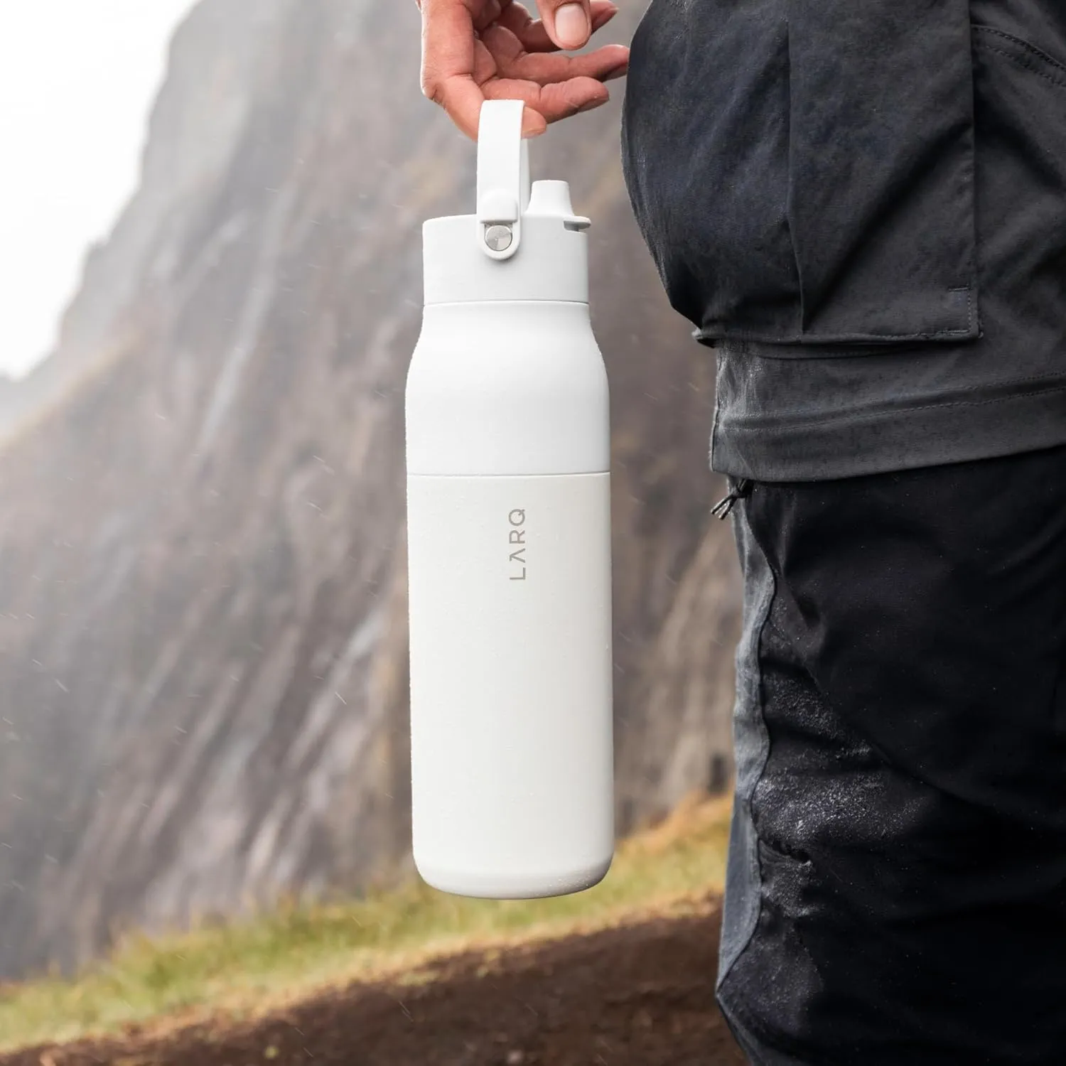 LARQ Bottle Swig Top 34oz - Insulated Wide Mouth Stainless Steel Water Bottle With Built-In Silicone Handle | Thermos, BPA Free | Reusable Water Bottle for Sports, Gym, and Travel, Granite White
