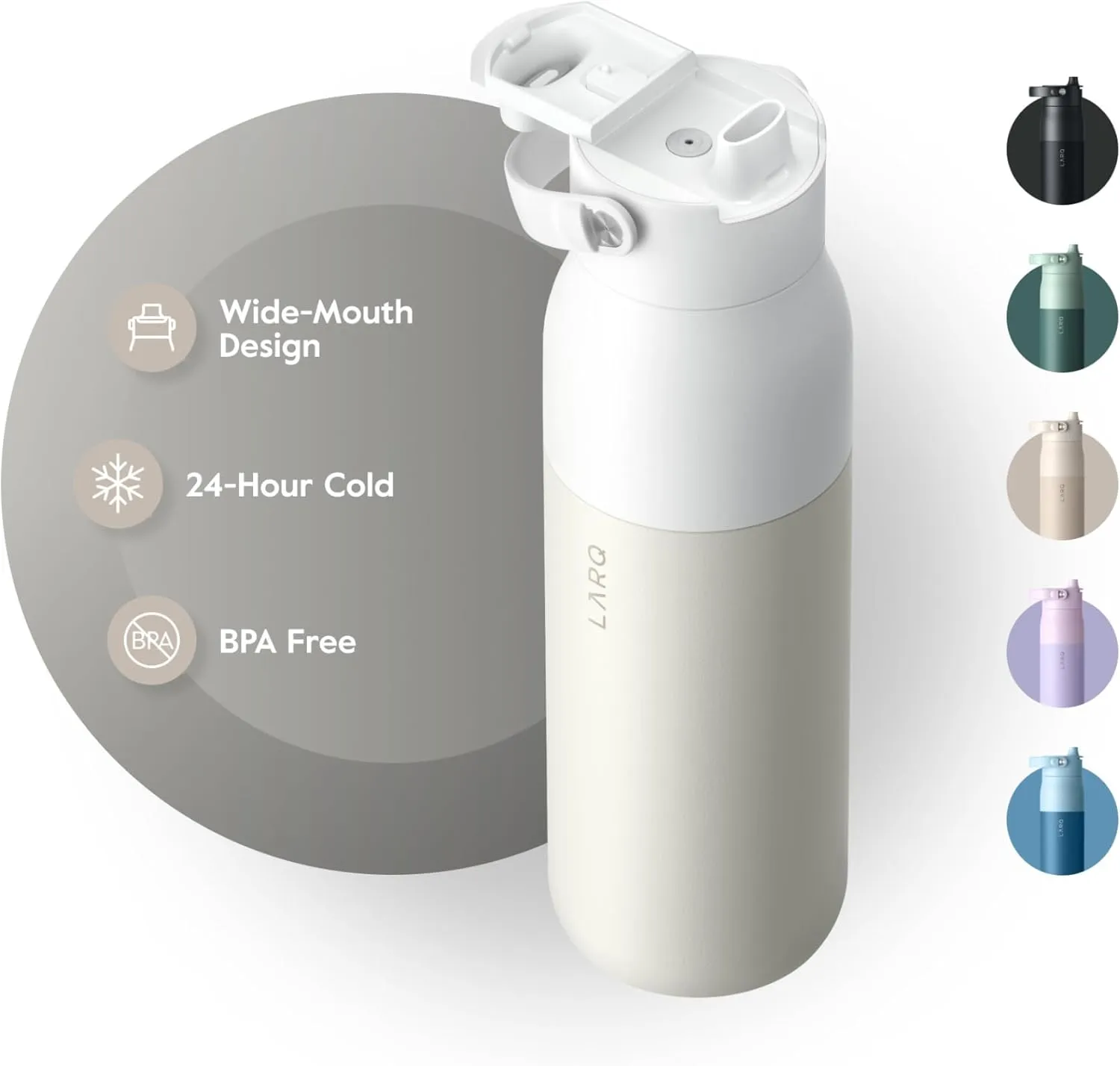 LARQ Bottle Swig Top 34oz - Insulated Wide Mouth Stainless Steel Water Bottle With Built-In Silicone Handle | Thermos, BPA Free | Reusable Water Bottle for Sports, Gym, and Travel, Granite White