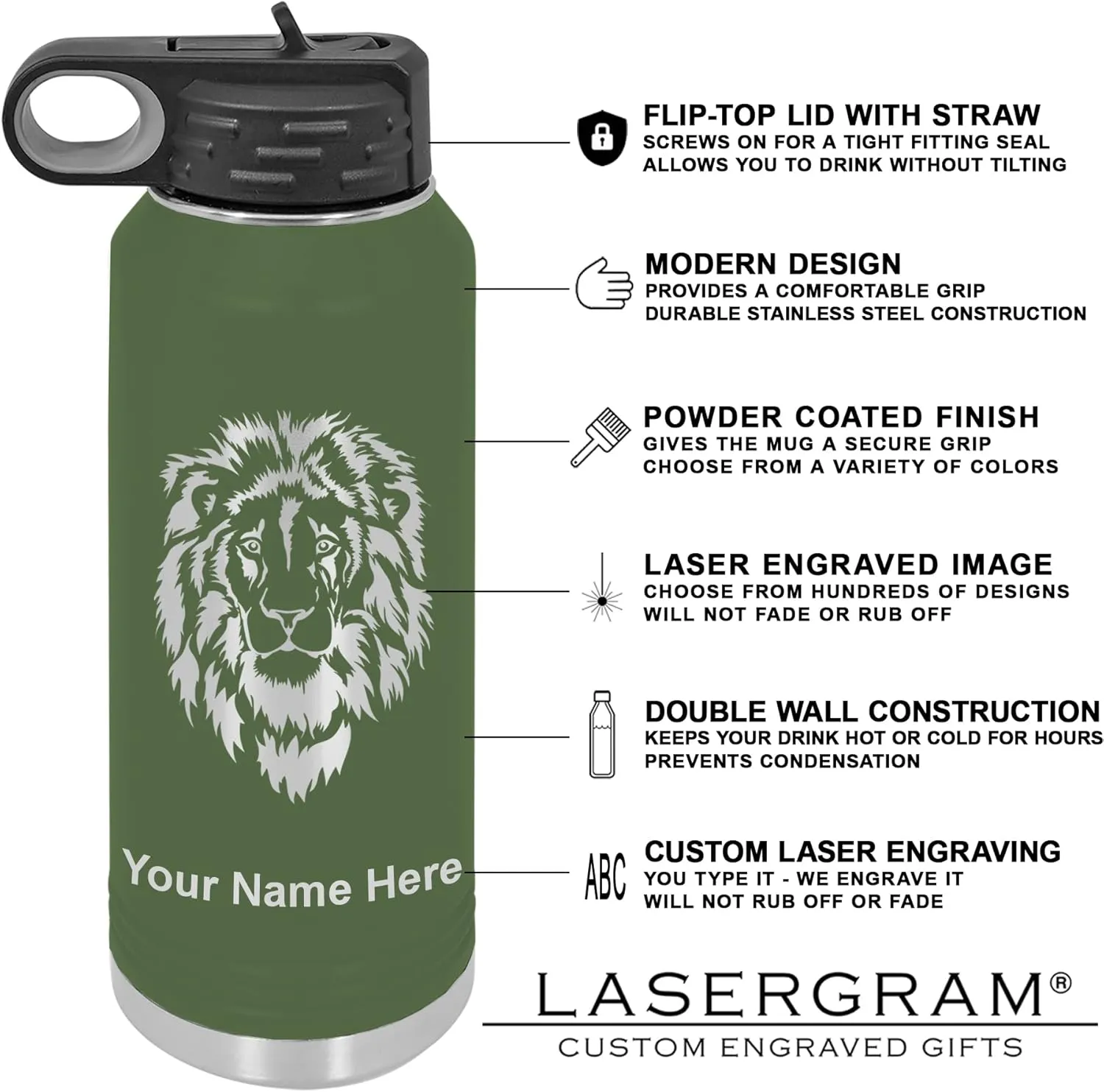LaserGram Personalized Water Bottle, Trumpet, Stainless Steel Double Wall Vacuum Insulated with Flip Top Straw, Custom Engraved Gift (40oz / 1180ml Camo Green)