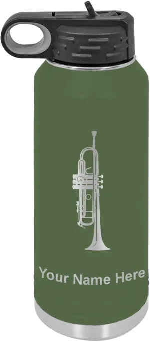 LaserGram Personalized Water Bottle, Trumpet, Stainless Steel Double Wall Vacuum Insulated with Flip Top Straw, Custom Engraved Gift (40oz / 1180ml Camo Green)