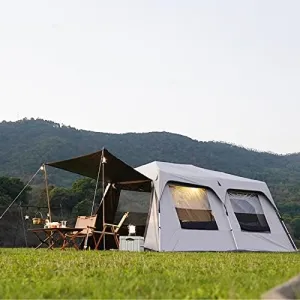 Layer Double Camping Tent 12 Person, Family Cabin Tents, 2 Rooms, Straight Wall, 3 Doors and 3 Window with Mesh, Waterproof, Big Tent for Outdoor, Picnic, Friends Gathering (with E