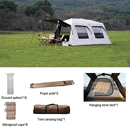 Layer Double Camping Tent 12 Person, Family Cabin Tents, 2 Rooms, Straight Wall, 3 Doors and 3 Window with Mesh, Waterproof, Big Tent for Outdoor, Picnic, Friends Gathering (with E