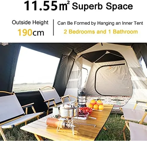 Layer Double Camping Tent 12 Person, Family Cabin Tents, 2 Rooms, Straight Wall, 3 Doors and 3 Window with Mesh, Waterproof, Big Tent for Outdoor, Picnic, Friends Gathering (with E