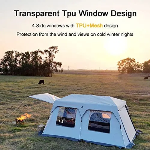 Layer Double Camping Tent 12 Person, Family Cabin Tents, 2 Rooms, Straight Wall, 3 Doors and 3 Window with Mesh, Waterproof, Big Tent for Outdoor, Picnic, Friends Gathering (with E