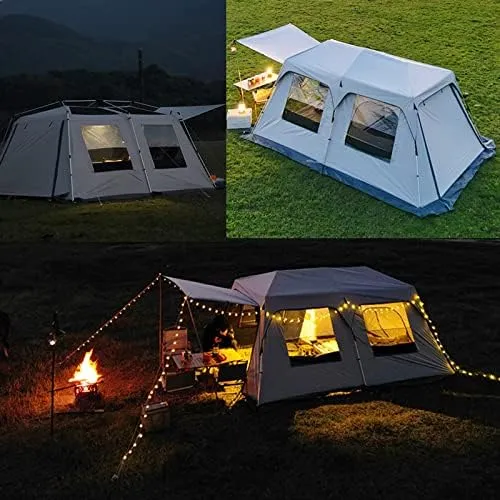 Layer Double Camping Tent 12 Person, Family Cabin Tents, 2 Rooms, Straight Wall, 3 Doors and 3 Window with Mesh, Waterproof, Big Tent for Outdoor, Picnic, Friends Gathering (with E