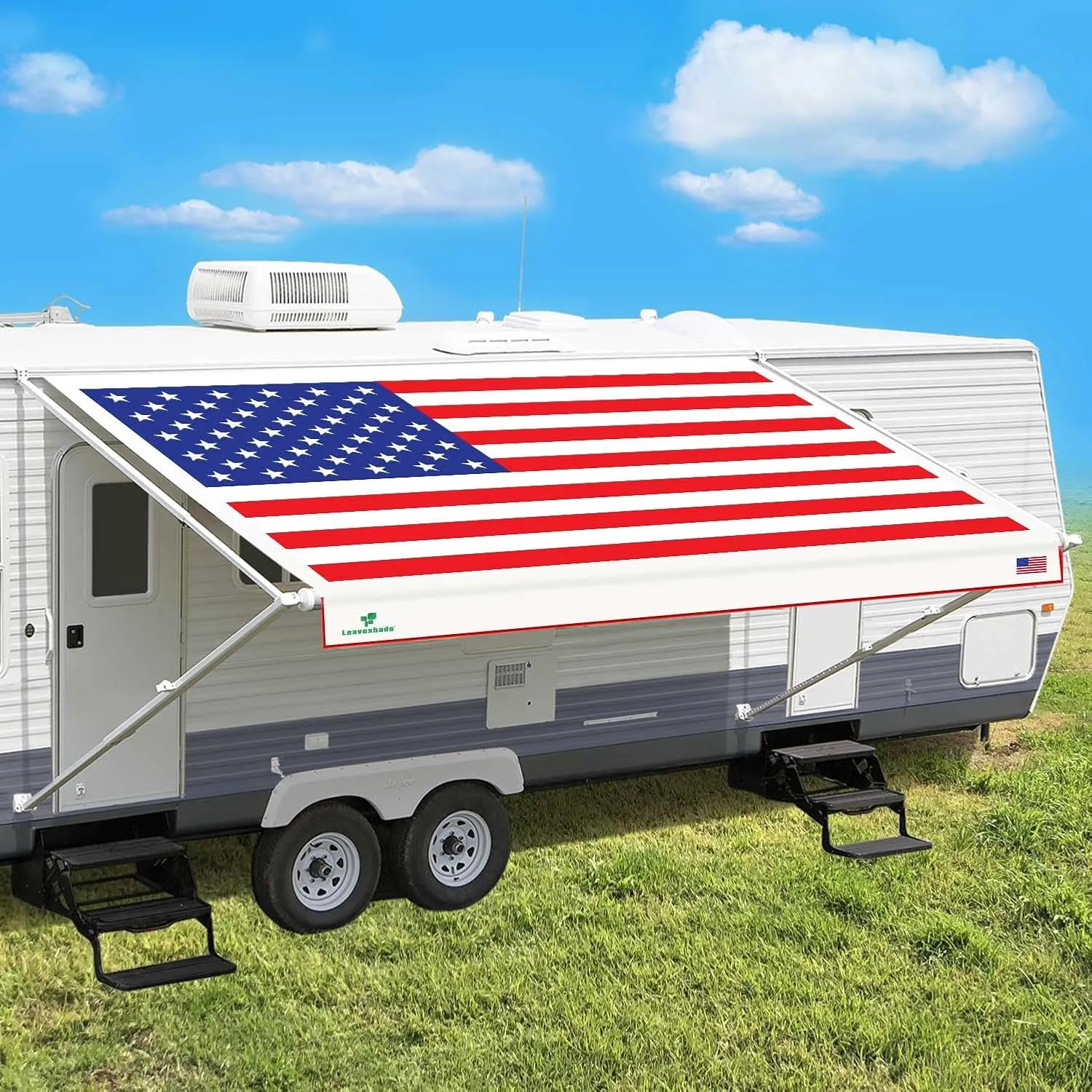 Leaveshade RV Awning Fabric Replacement Camper Trailer Awning Fabric Super Heavy Vinyl Coated Polyester 15'3''(Fit for 16' Awning)-USA Flag (Custom Looking)