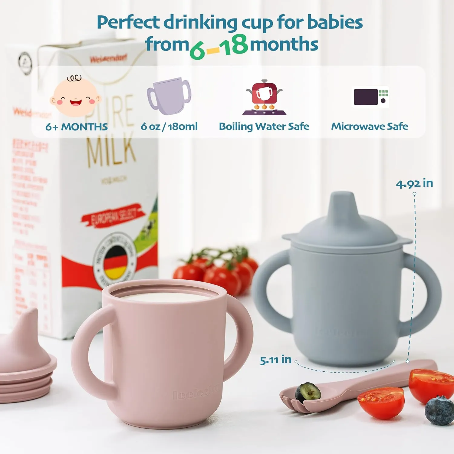 Leeleelon® Silicone Sippy Cups for Baby, 100% Leak-Proof Training Cup for Toddler with Handles, Soft Spout Sippy Cup for Infants, 6  Months, 6oz/180ml (Pack of 2)