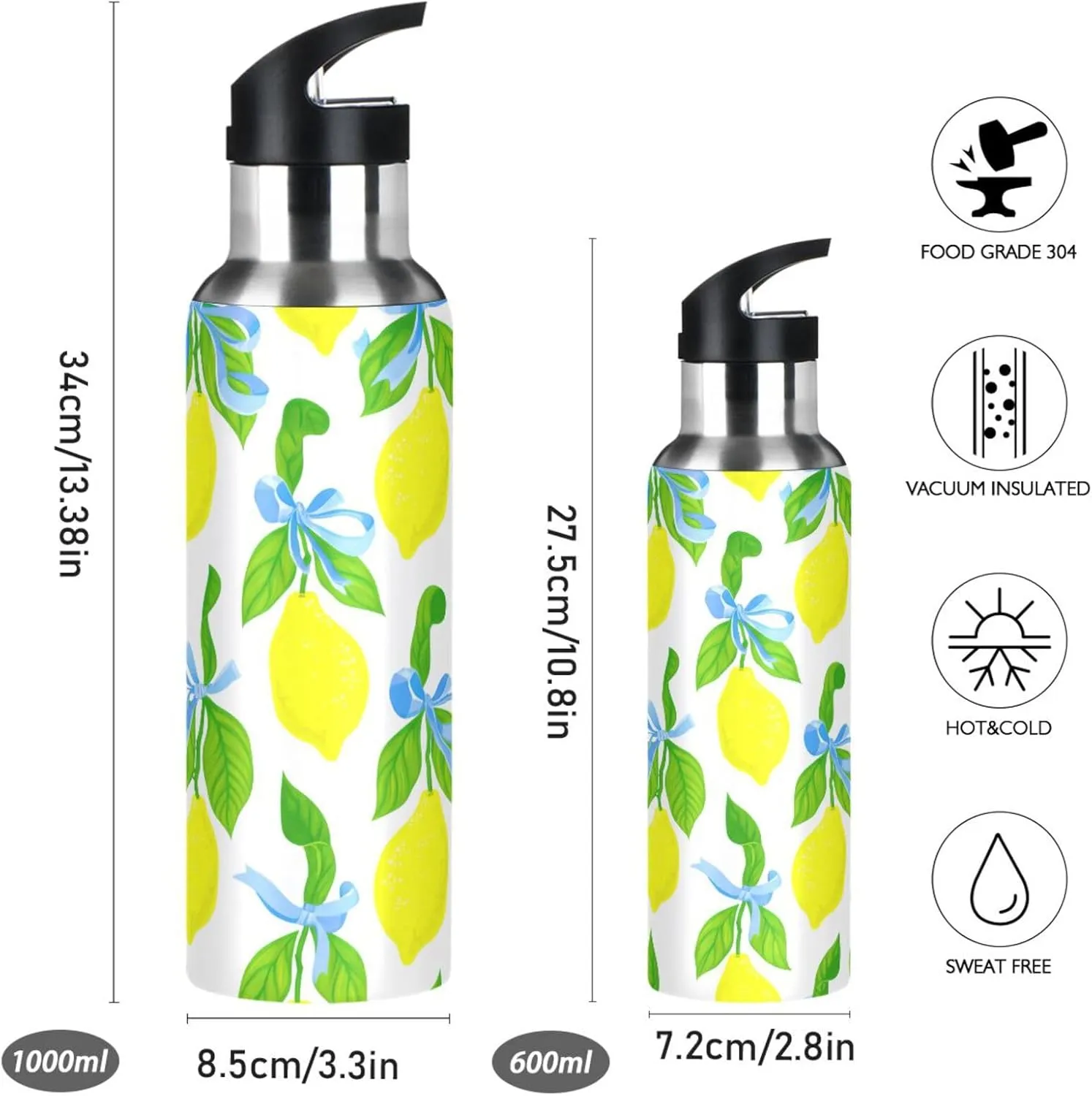 Lemon Sports Water Bottle with Straw, 22oz BPA Free Stainless Steel Vacuum Insulated Bottle for Gym Fitness Outdoor