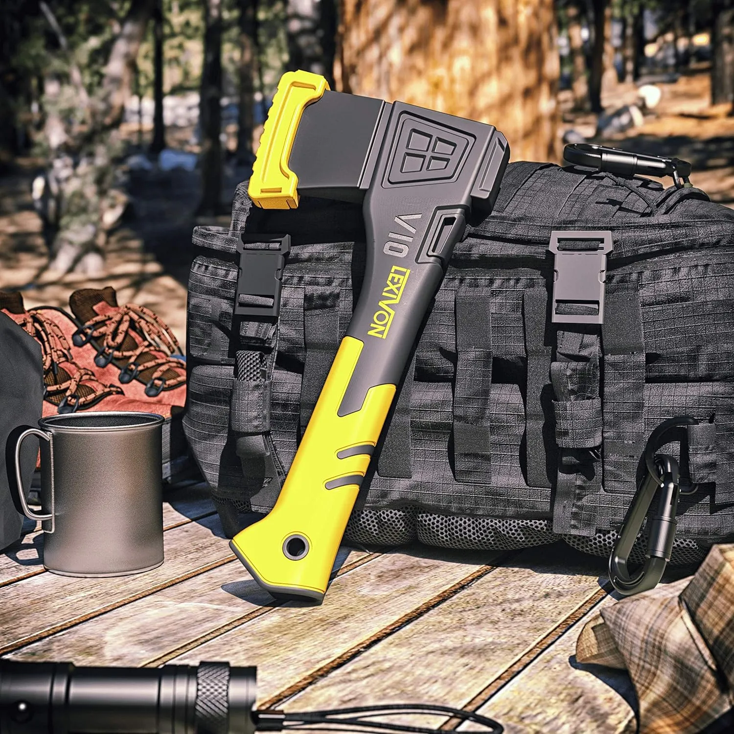 LEXIVON V10 Camping Hatchet, 10-Inch Axe | Ergonomic TPR Grip, Lightweight Fiber-glass Composite Handle | Protective Carrying Sheath Included (LX-V10)