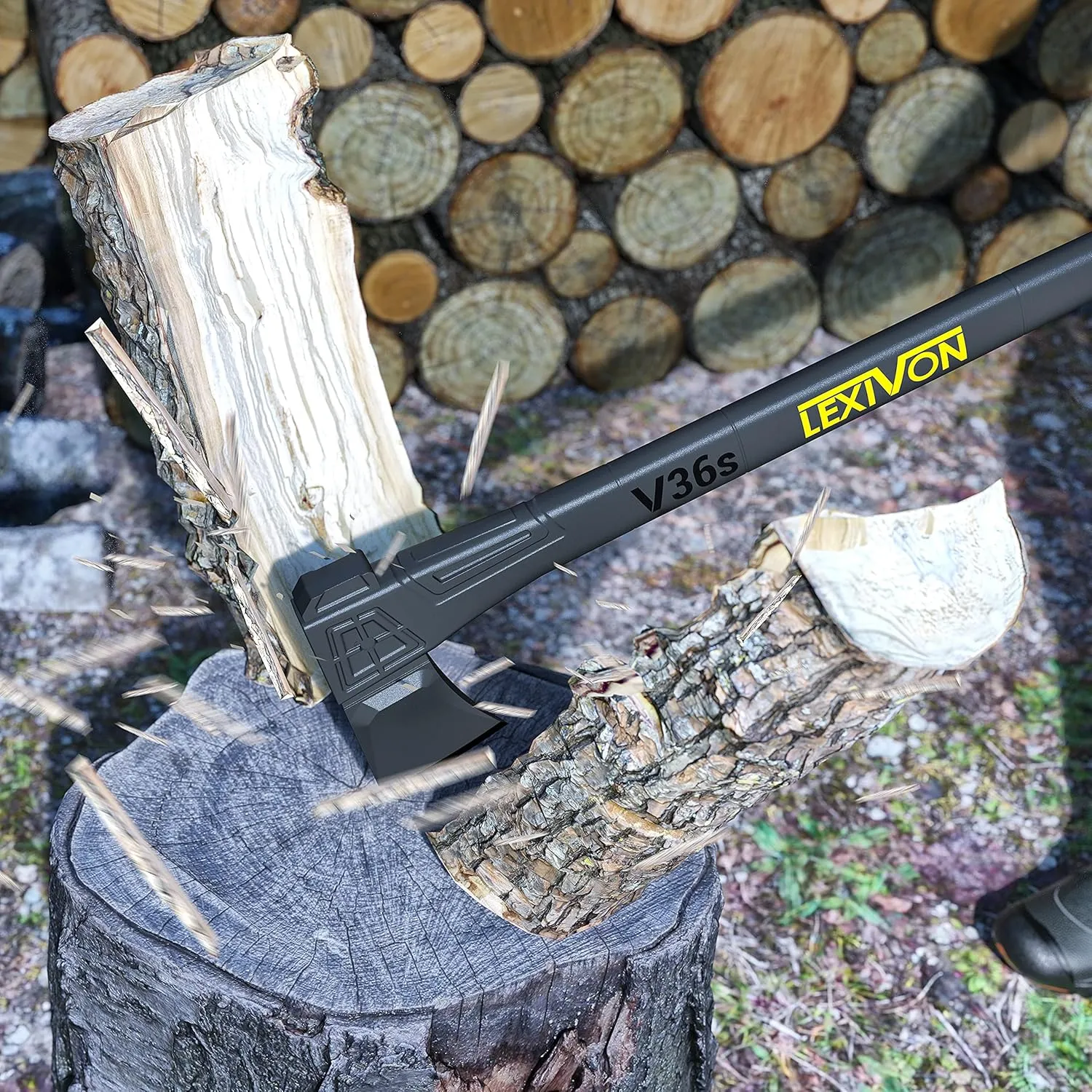 LEXIVON Wood Splitting Axe, Hatchet for Camping 36" - Ideal for Chopping, Tree-Felling and Firewood | Grade-A Carbon Steel, Fiberglass Handle & Ergonomic Grip | Protective Sheath Included (LX-V36S)