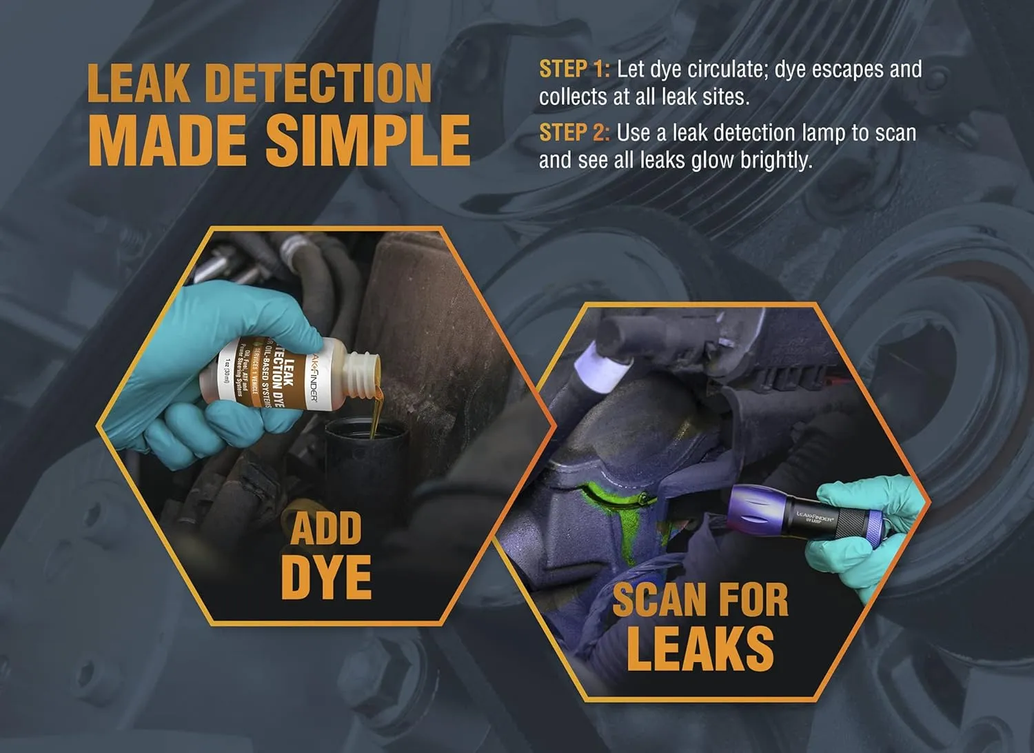 LF2008 Automotive Oil-Based Fluid Leak Detection Dye, Services Auto Oil, Fuel, ATF, Power Steering, 8oz Ultraviolet Fluorescent Dye Twin-Neck Bottle, Made in USA