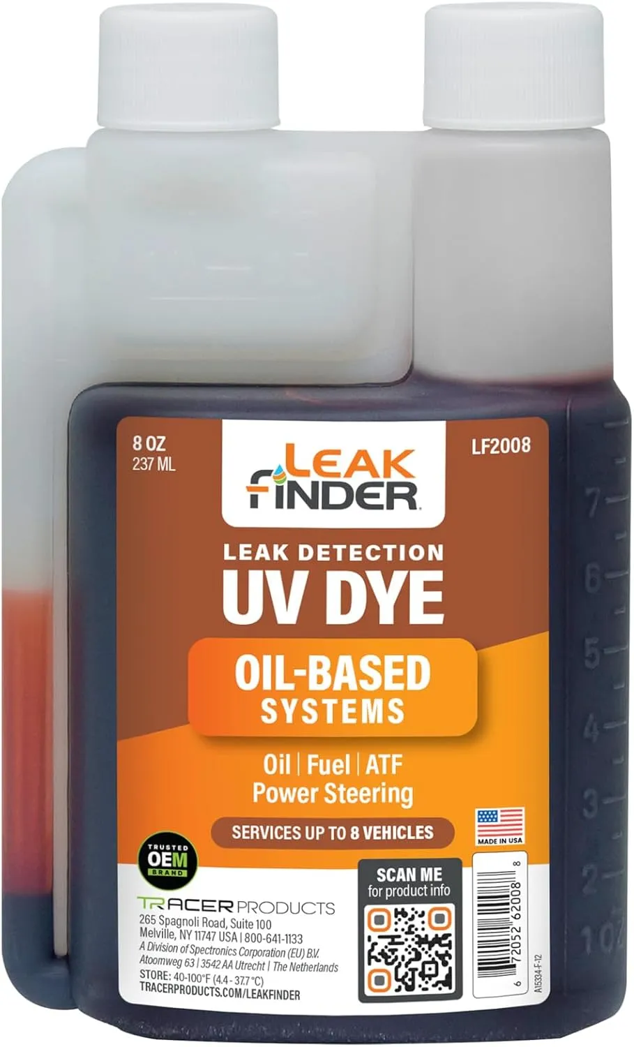 LF2008 Automotive Oil-Based Fluid Leak Detection Dye, Services Auto Oil, Fuel, ATF, Power Steering, 8oz Ultraviolet Fluorescent Dye Twin-Neck Bottle, Made in USA