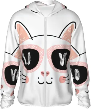 Lightweight UV Protection Sun Jacket, Pink Cat With Love Print Sportswear Hooded Sunblock Shirt for Outdoor