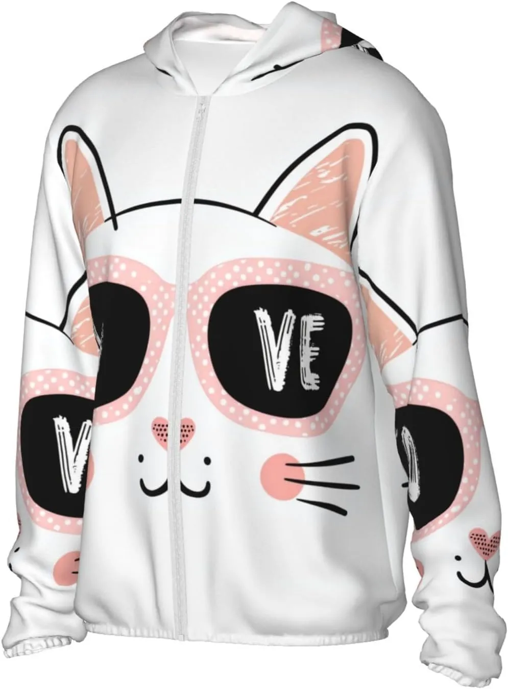 Lightweight UV Protection Sun Jacket, Pink Cat With Love Print Sportswear Hooded Sunblock Shirt for Outdoor