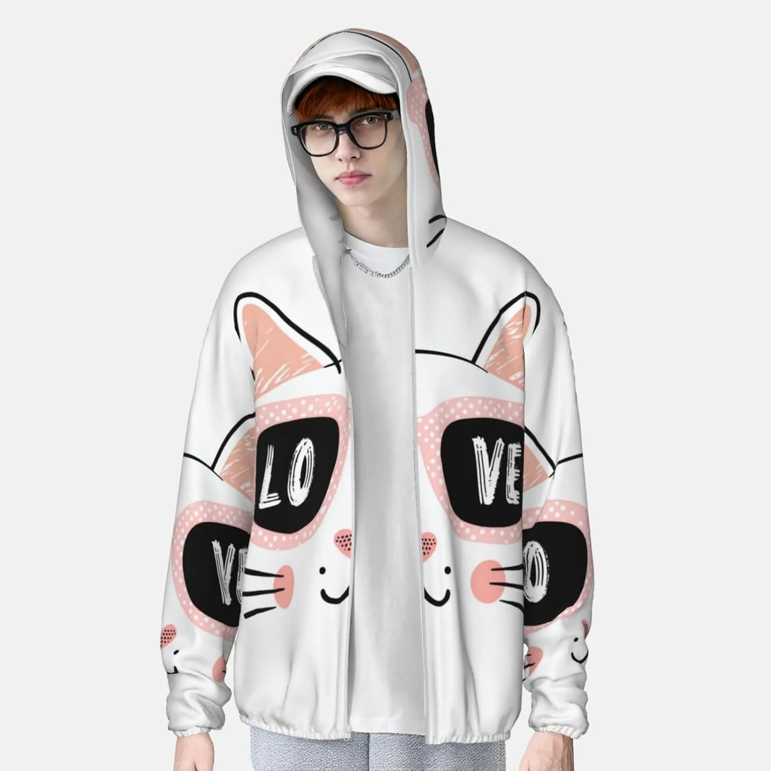 Lightweight UV Protection Sun Jacket, Pink Cat With Love Print Sportswear Hooded Sunblock Shirt for Outdoor