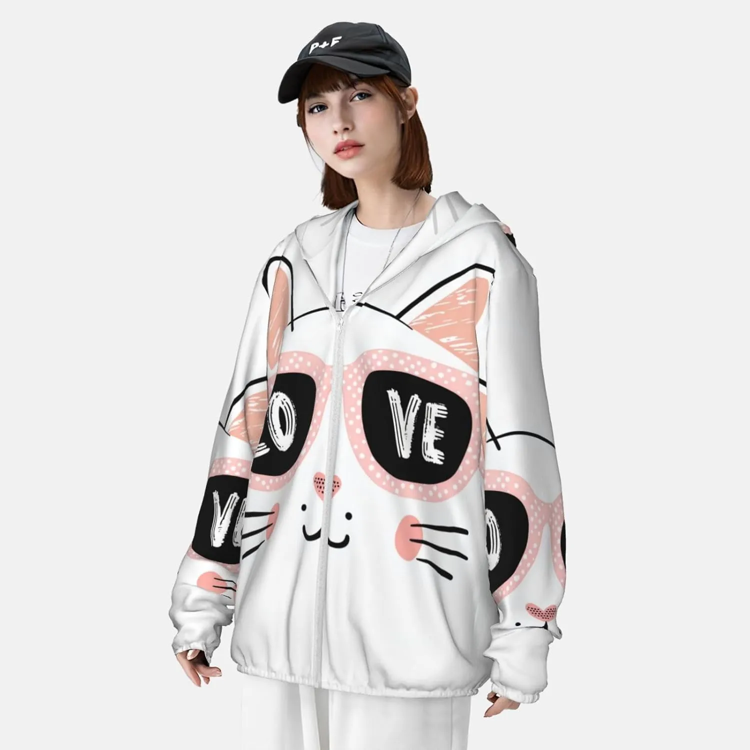 Lightweight UV Protection Sun Jacket, Pink Cat With Love Print Sportswear Hooded Sunblock Shirt for Outdoor