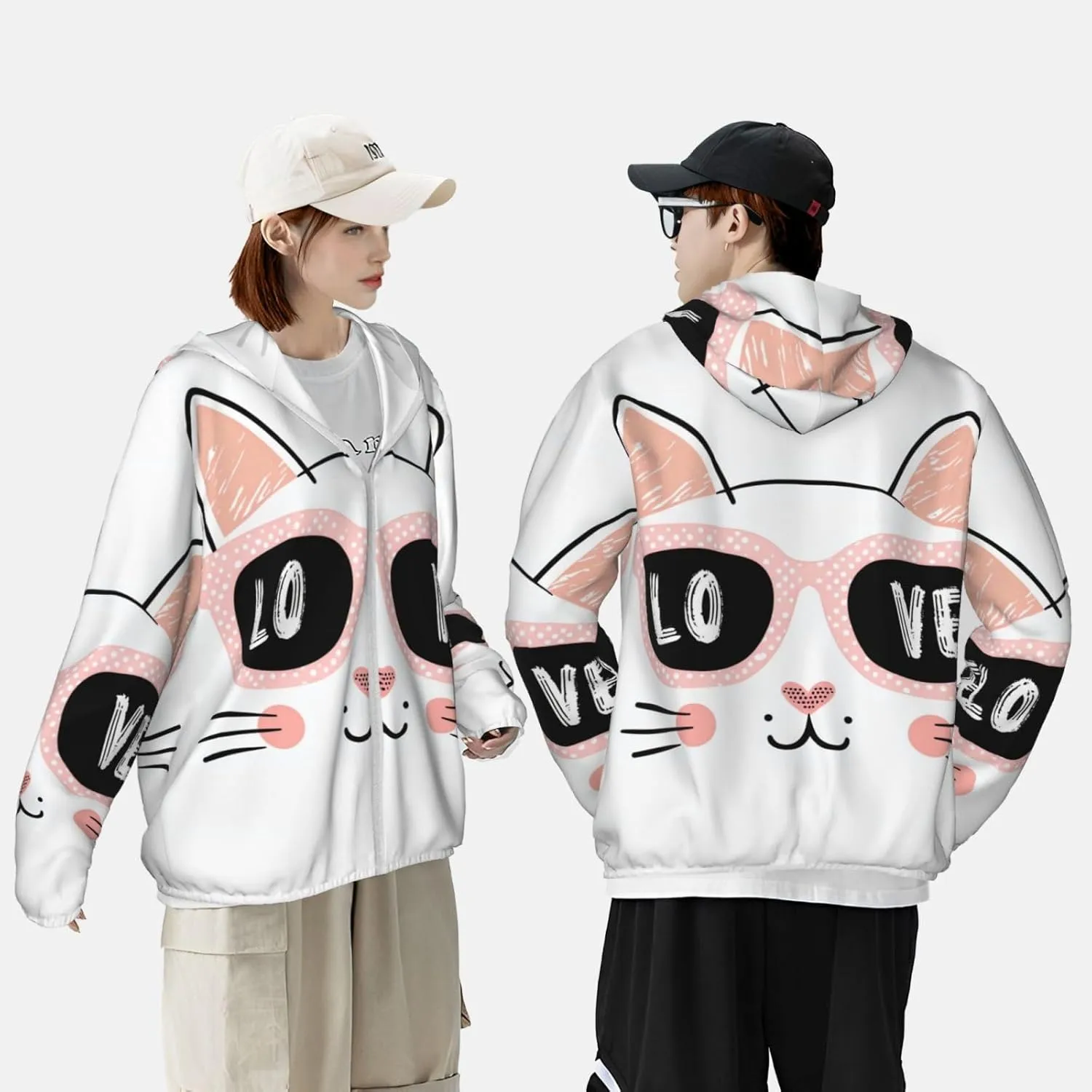 Lightweight UV Protection Sun Jacket, Pink Cat With Love Print Sportswear Hooded Sunblock Shirt for Outdoor