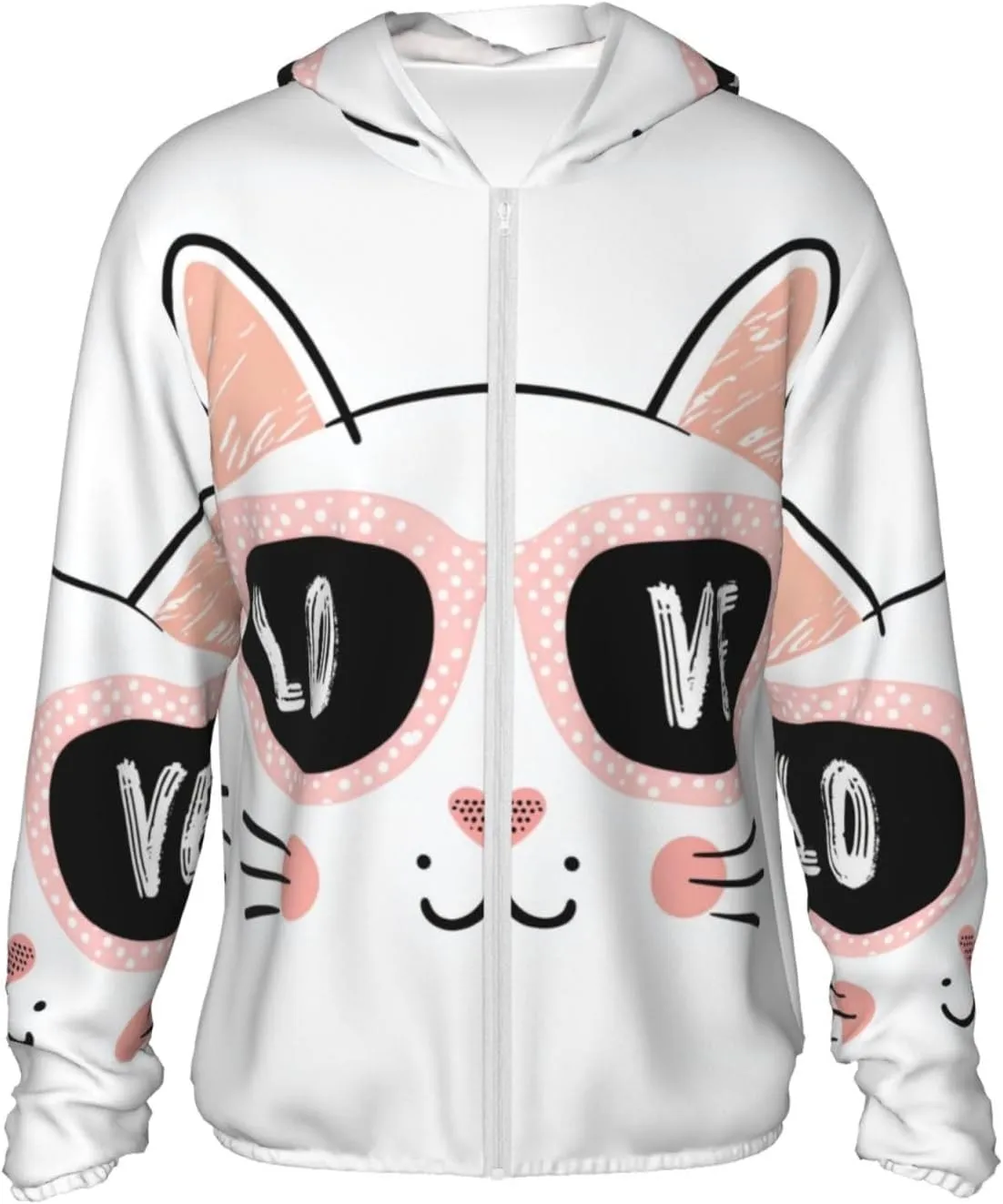 Lightweight UV Protection Sun Jacket, Pink Cat With Love Print Sportswear Hooded Sunblock Shirt for Outdoor
