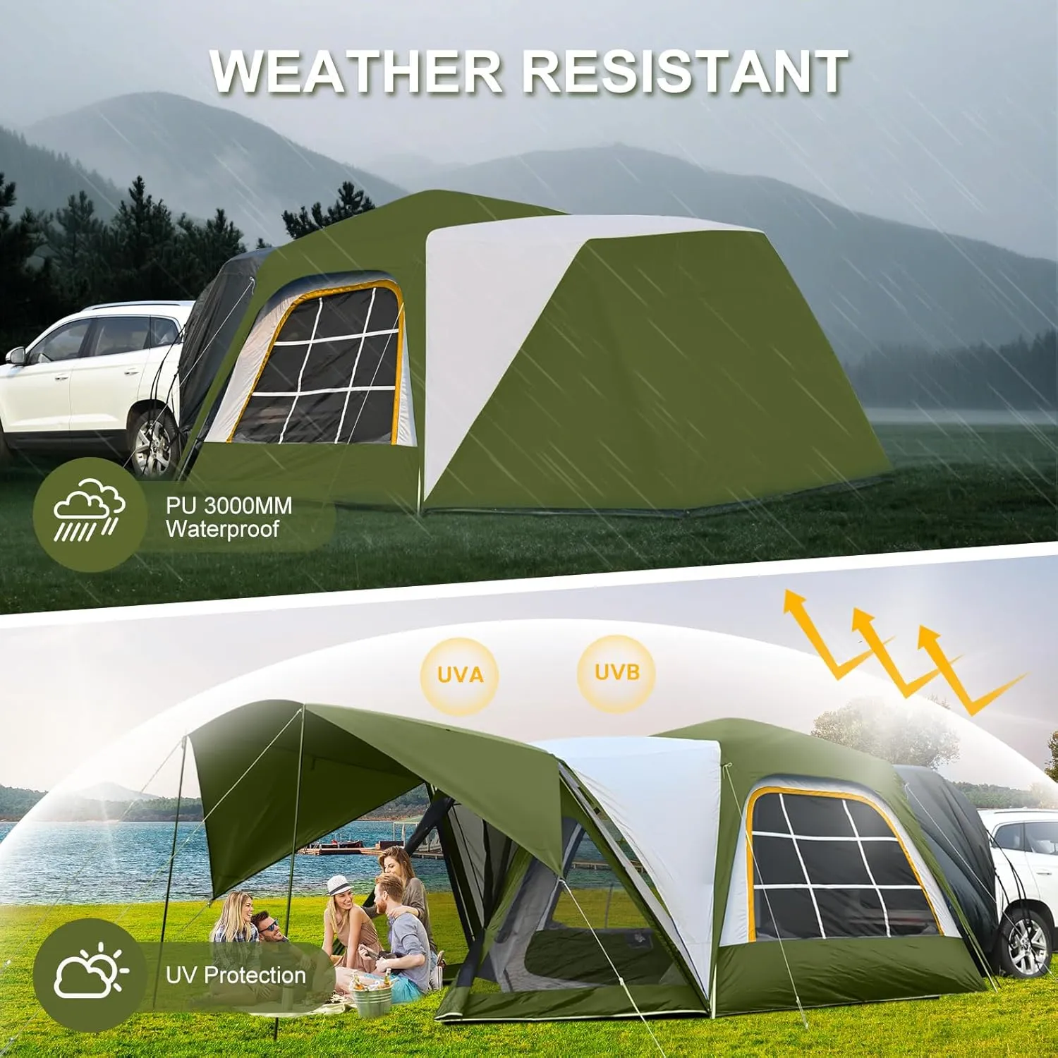 LILYPELLE SUV Tent for Camping, 4-6 Person Inflatable Tents for Camping with Large Awning, PU 3000mm Waterproof Oxford Portable Tailgate Blow Up Tent for SUV Car Jeep, 9.8FT L x 8.2FT W x 6.9FT H