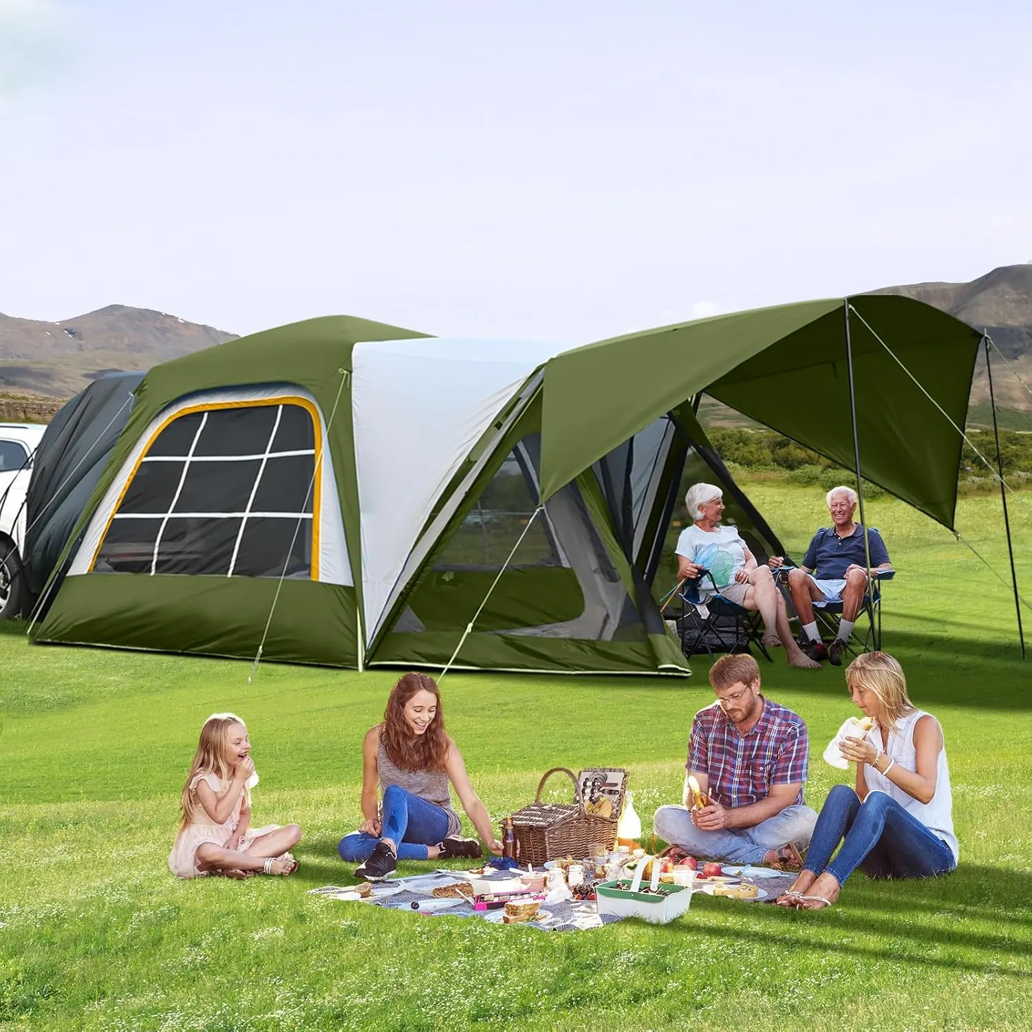 LILYPELLE SUV Tent for Camping, 4-6 Person Inflatable Tents for Camping with Large Awning, PU 3000mm Waterproof Oxford Portable Tailgate Blow Up Tent for SUV Car Jeep, 9.8FT L x 8.2FT W x 6.9FT H