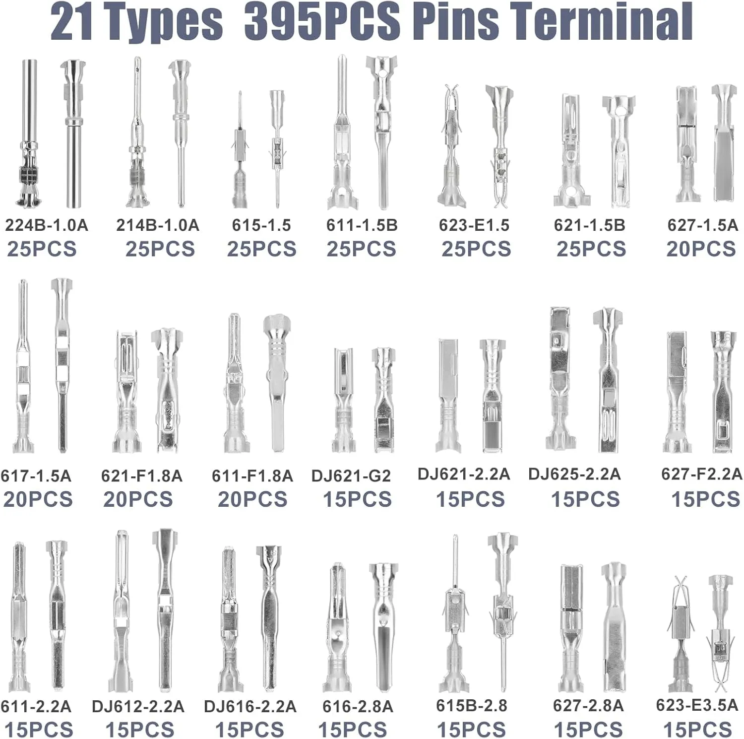 Linkstyle 395PCS Connector Pins Terminal Kit, 21 Types Automotive Car Electrical Wire Terminal, 1/1.5/1.8/2.2/2.8/3.5mm Non-Insulated Plug Removal Male Female Crimp Pins Wire Pins Removal Tool kit