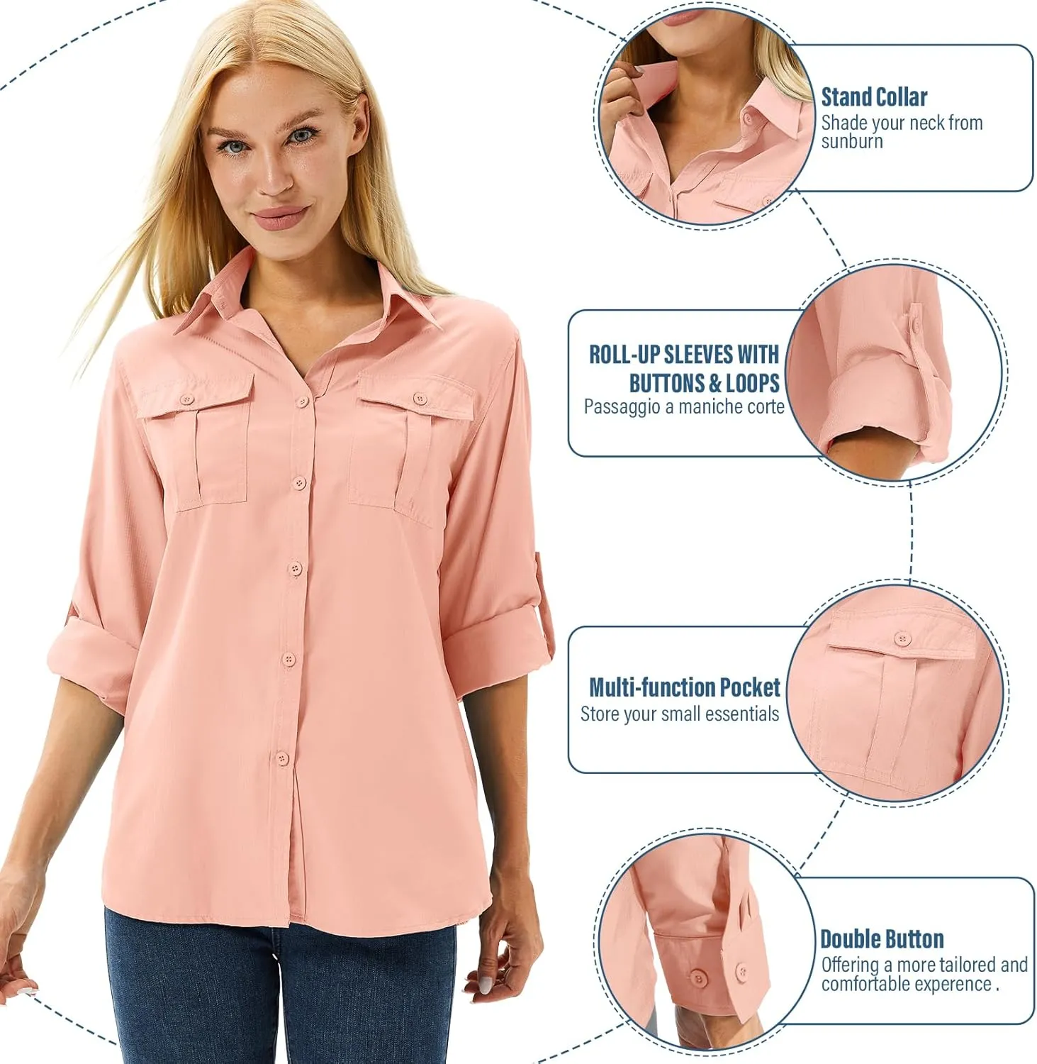 linlon Womens Safari Shirts Long Sleeve UV Protection Hiking Fishing UPF 50  Quick Dry Cooling Camping Travel Shirts