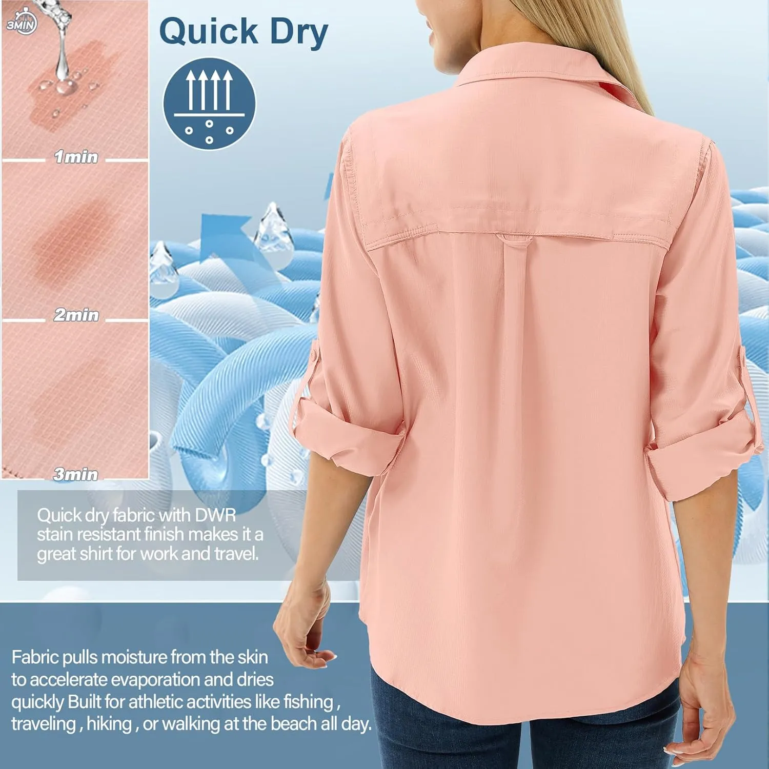 linlon Womens Safari Shirts Long Sleeve UV Protection Hiking Fishing UPF 50  Quick Dry Cooling Camping Travel Shirts
