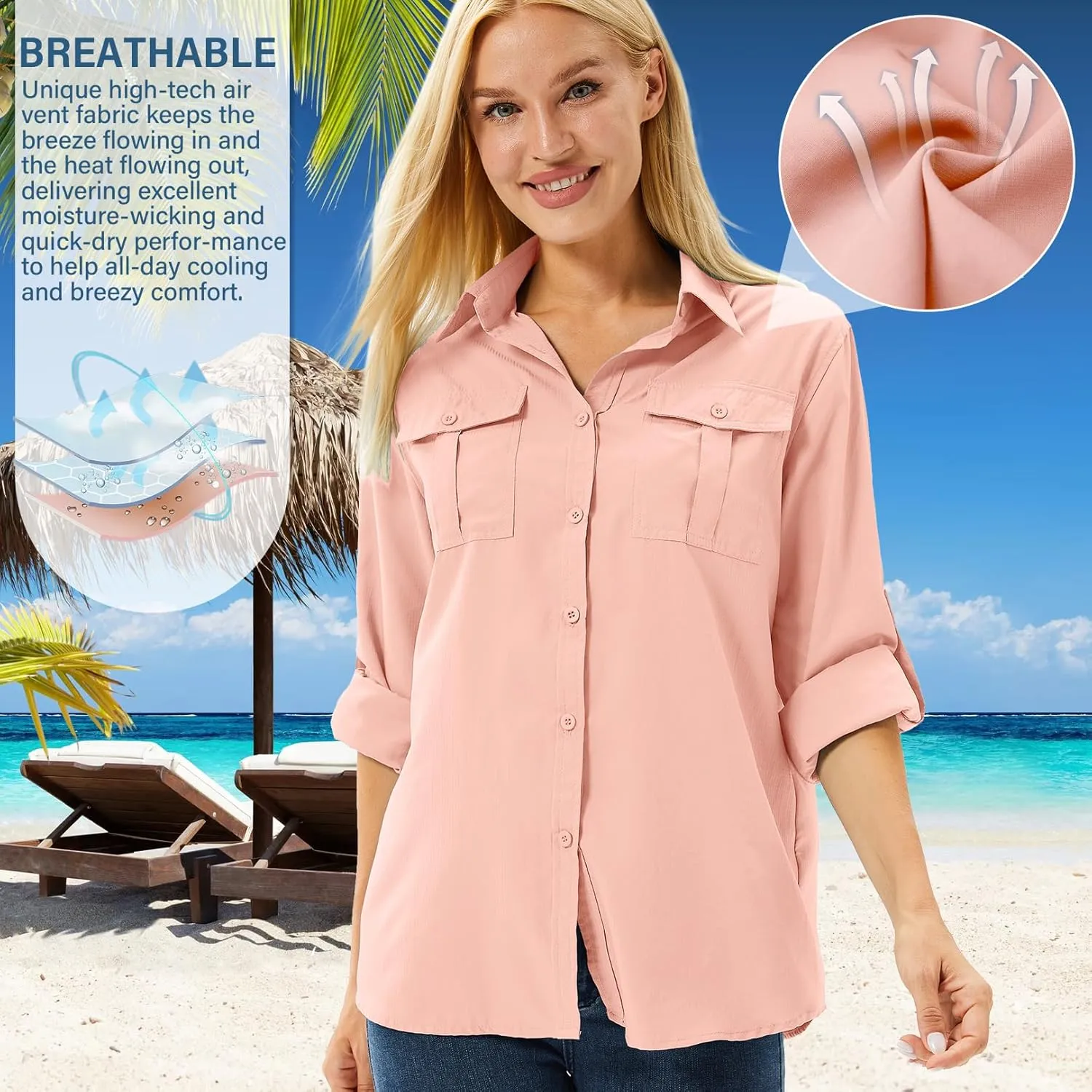 linlon Womens Safari Shirts Long Sleeve UV Protection Hiking Fishing UPF 50  Quick Dry Cooling Camping Travel Shirts