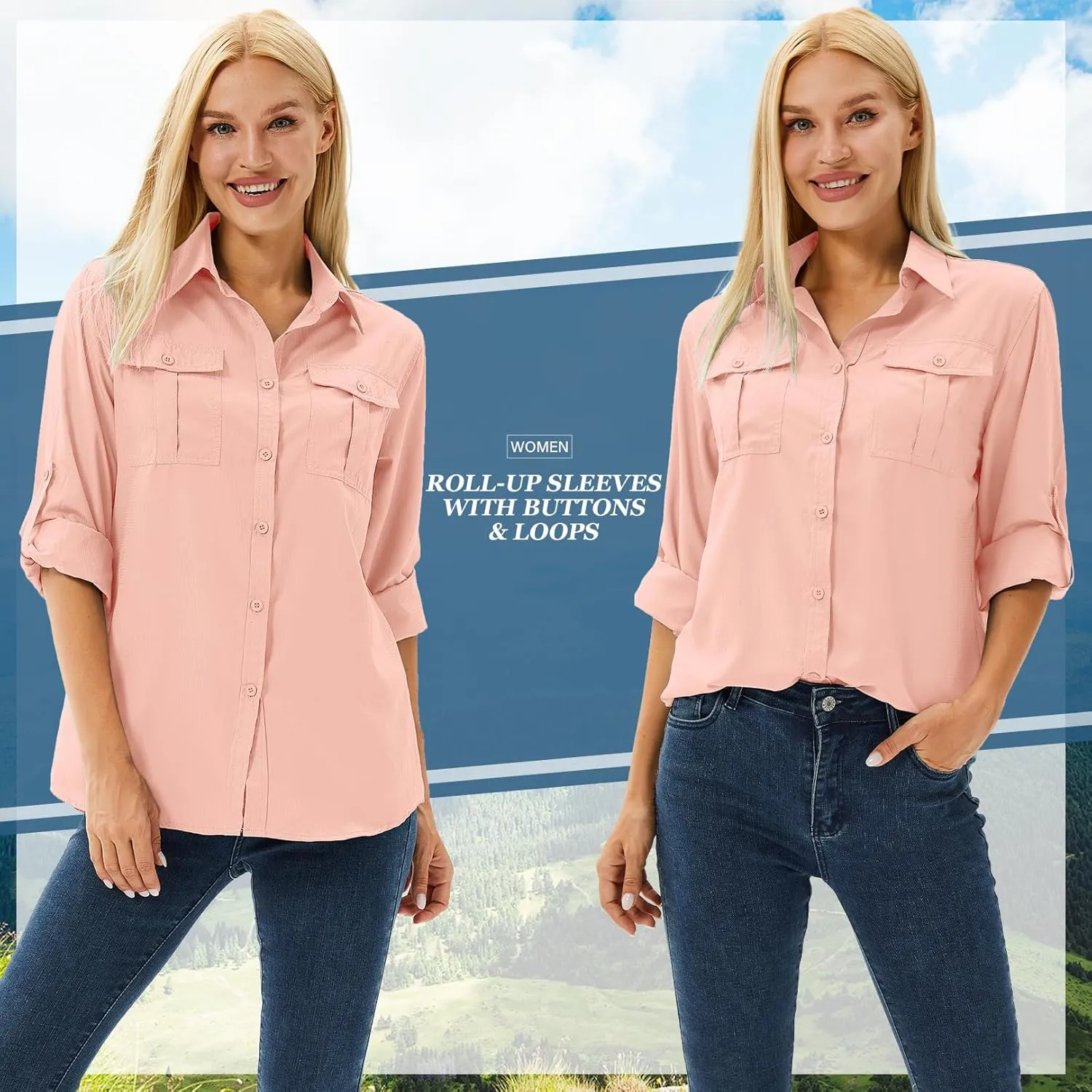 linlon Womens Safari Shirts Long Sleeve UV Protection Hiking Fishing UPF 50  Quick Dry Cooling Camping Travel Shirts