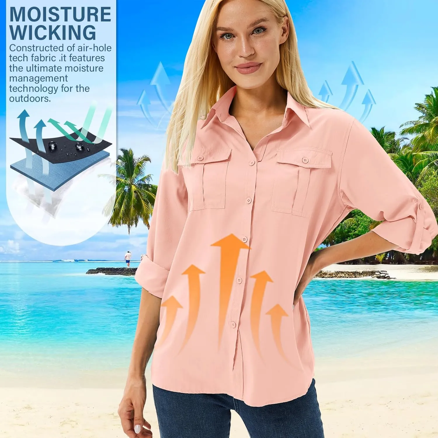 linlon Womens Safari Shirts Long Sleeve UV Protection Hiking Fishing UPF 50  Quick Dry Cooling Camping Travel Shirts