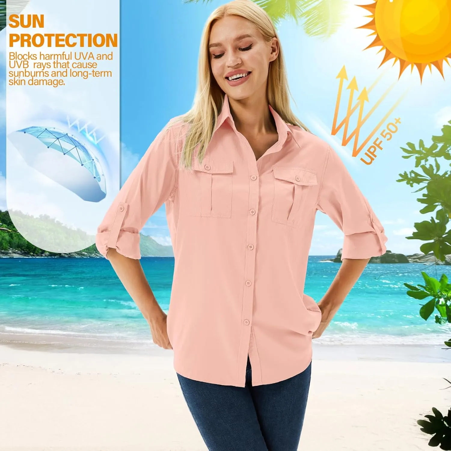 linlon Womens Safari Shirts Long Sleeve UV Protection Hiking Fishing UPF 50  Quick Dry Cooling Camping Travel Shirts