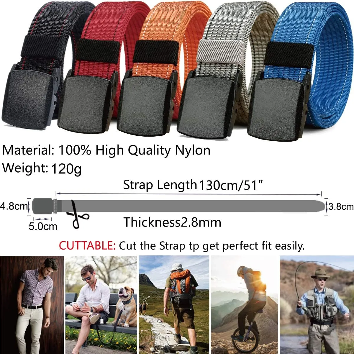 LionVII Belt for Men, Adjustable Belt with Plastic Buckle Breathable for Work Sports, Easy Trim to Fit 28-49" Waist