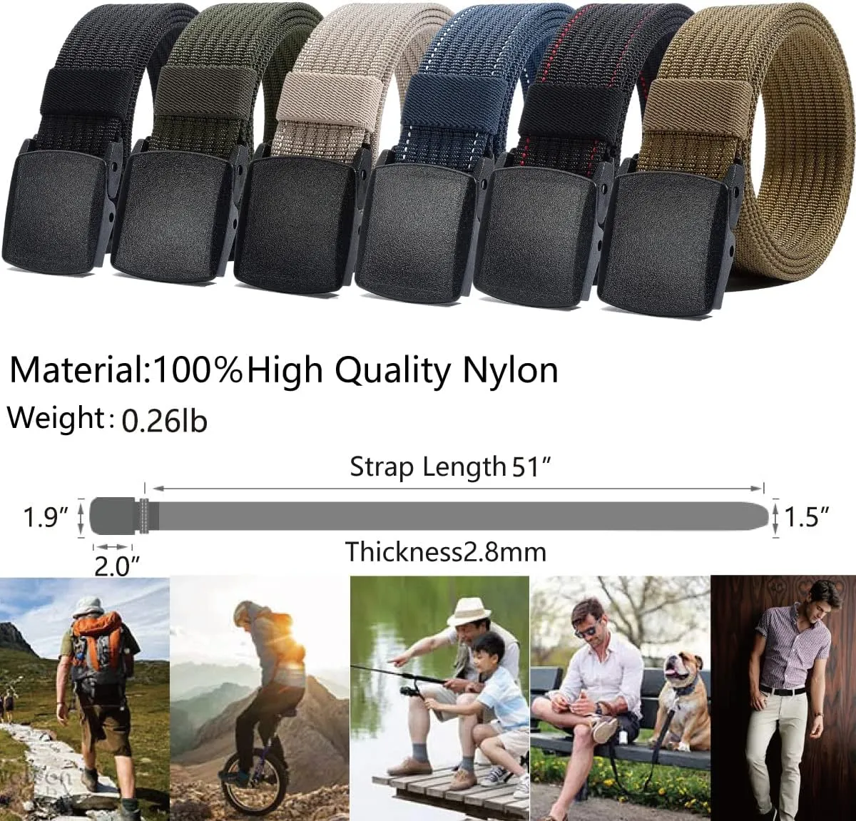 LionVII Men's Nylon Work Belts - Breathable Webbing Canvas Belt with Plastic Buckle, Adjustable Trim to Fit 28-49" Waist
