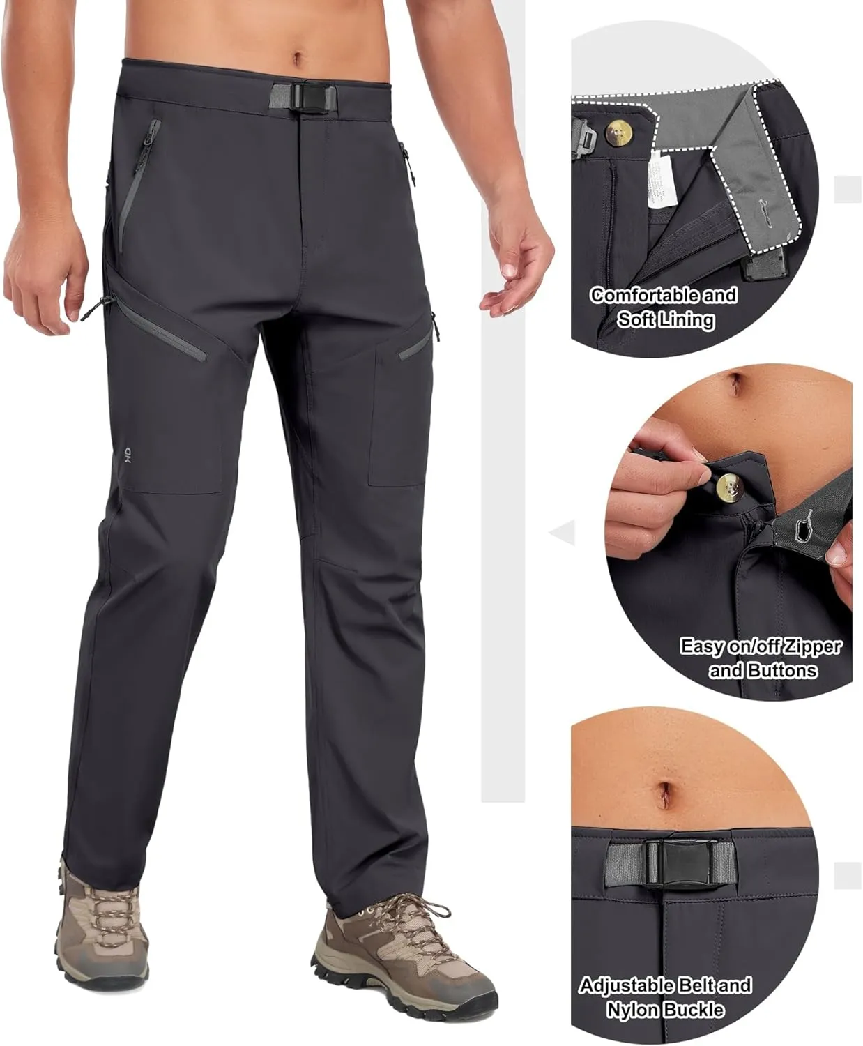 Little Donkey Andy Men's Lightweight Fishing Pants with Belt 5 Zip Pockets Waterproof Quick-Dry Travel Hiking Outdoor Pants