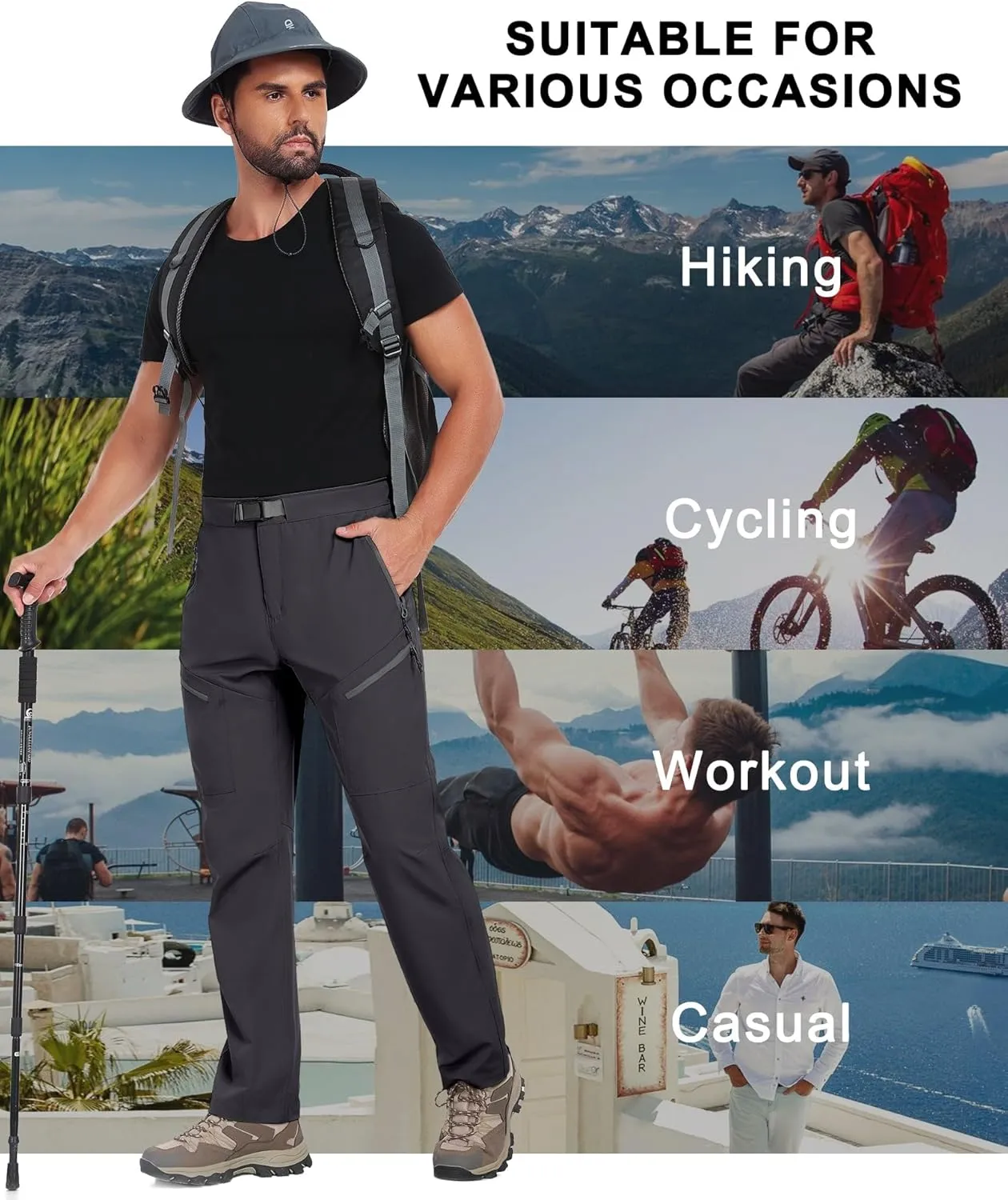 Little Donkey Andy Men's Lightweight Fishing Pants with Belt 5 Zip Pockets Waterproof Quick-Dry Travel Hiking Outdoor Pants