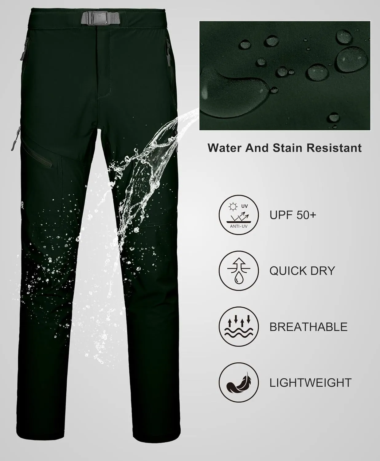 Little Donkey Andy Men's Lightweight Fishing Pants with Belt 5 Zip Pockets Waterproof Quick-Dry Travel Hiking Outdoor Pants