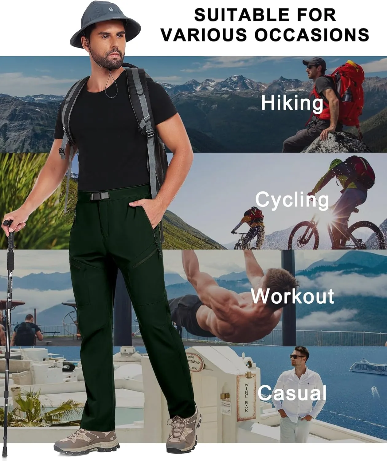 Little Donkey Andy Men's Lightweight Fishing Pants with Belt 5 Zip Pockets Waterproof Quick-Dry Travel Hiking Outdoor Pants