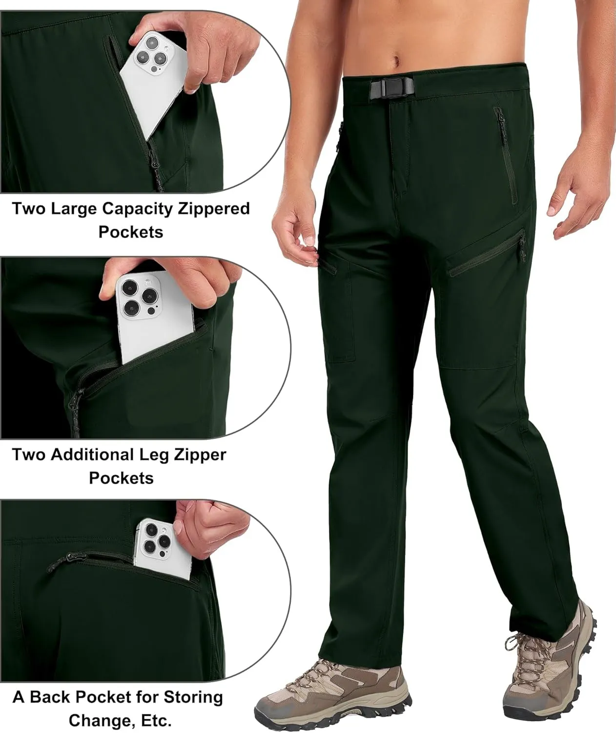 Little Donkey Andy Men's Lightweight Fishing Pants with Belt 5 Zip Pockets Waterproof Quick-Dry Travel Hiking Outdoor Pants