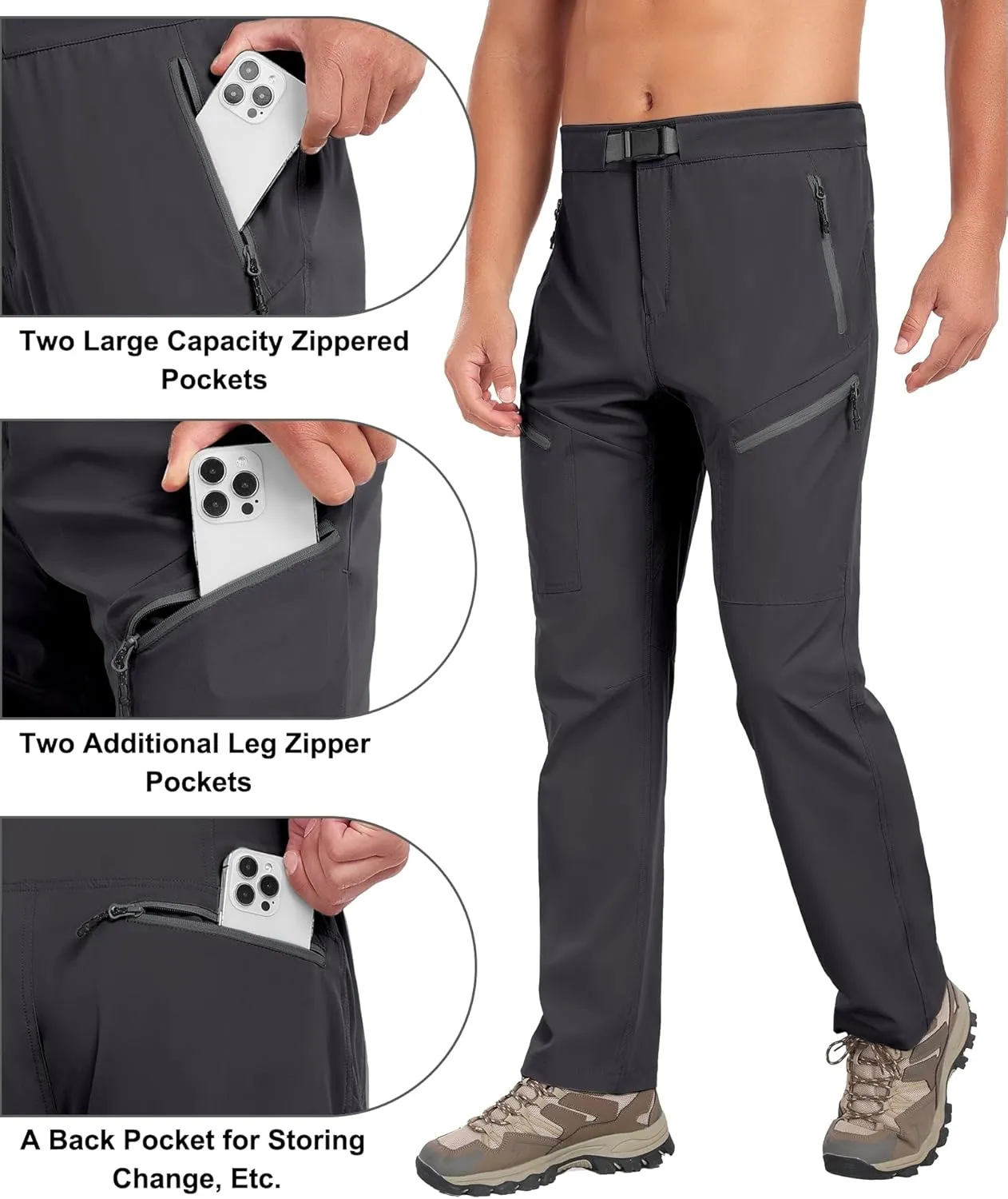 Little Donkey Andy Men's Lightweight Fishing Pants with Belt 5 Zip Pockets Waterproof Quick-Dry Travel Hiking Outdoor Pants