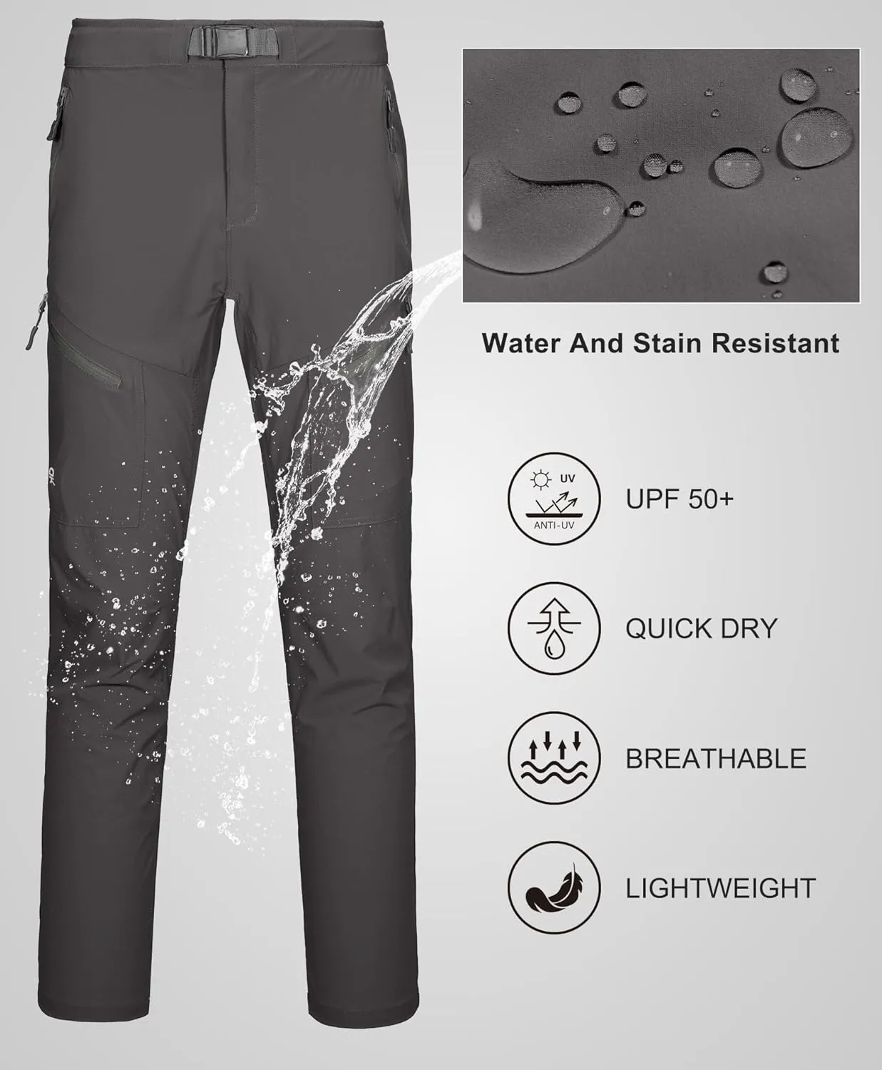 Little Donkey Andy Men's Lightweight Fishing Pants with Belt 5 Zip Pockets Waterproof Quick-Dry Travel Hiking Outdoor Pants