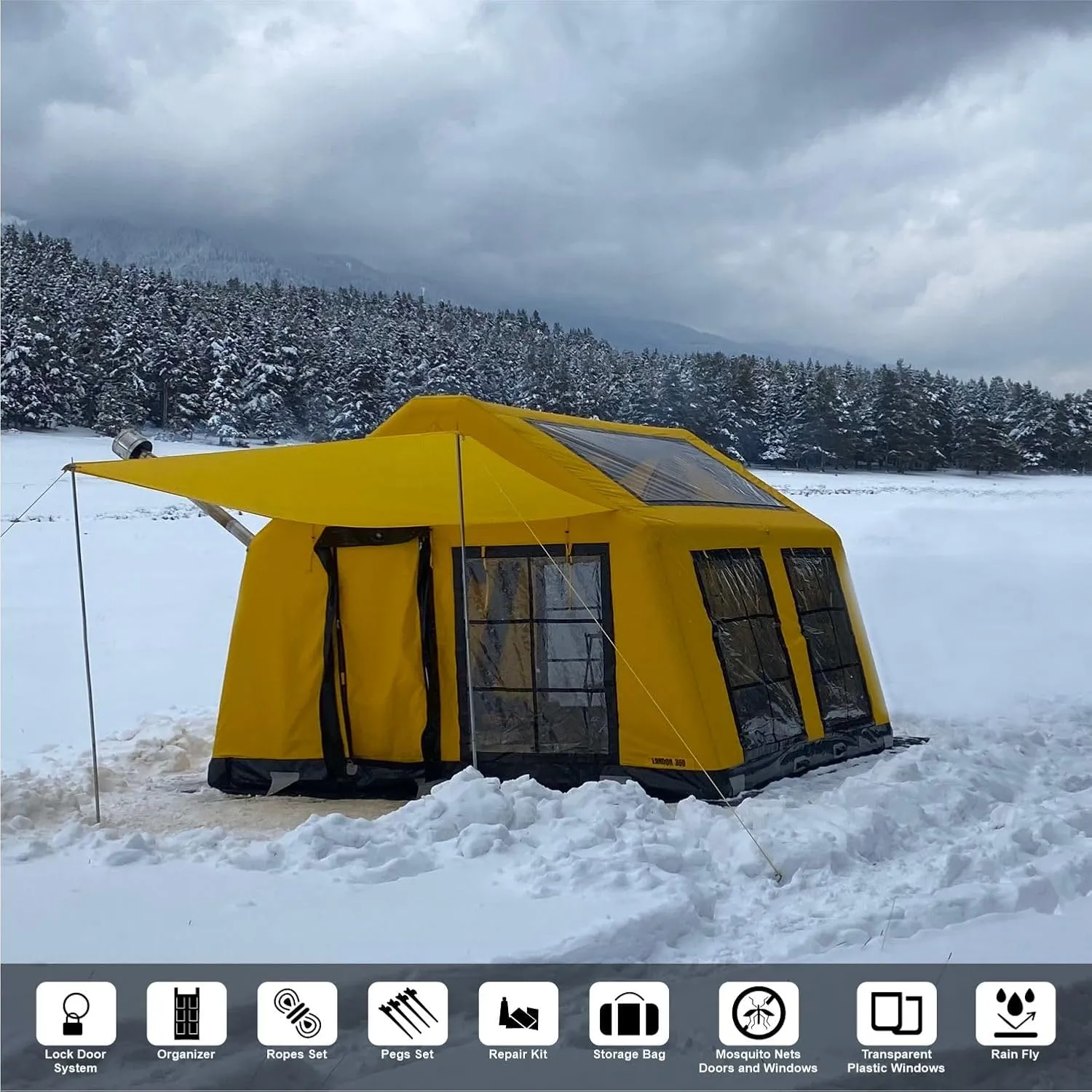 London 360 – Luxury 4-Season Inflatable Tent for Camping, 8-Person Capacity, Panoramic Windows, and Sunroof