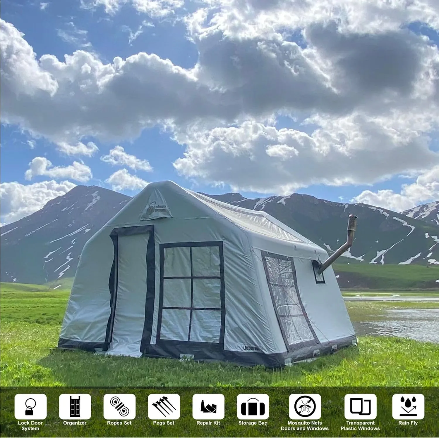 London 360 – Luxury 4-Season Inflatable Tent for Camping, 8-Person Capacity, Panoramic Windows, and Sunroof