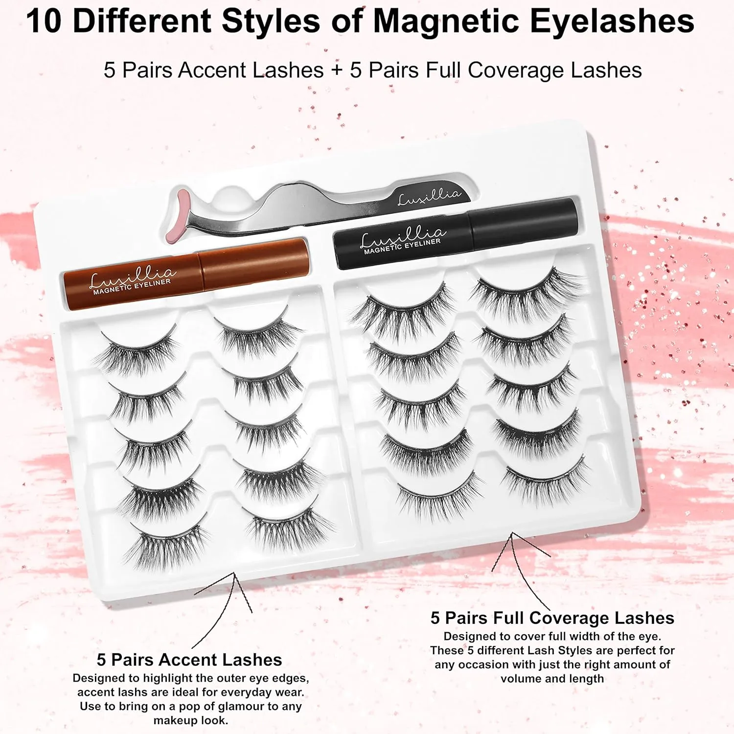 Luxillia Magnetic Eyelashes with Eyeliner 13 Piece Set, Most Natural Looking Magnetic Lashes Kit with Applicator, Best 8D, 3D Look, Reusable Fake Eye Lash, No Glue, Strongest Waterproof Liquid Liner