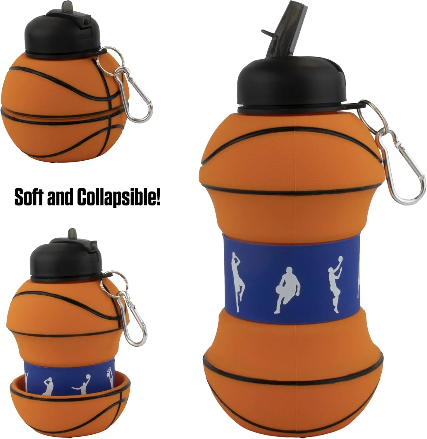 Maccabi Art Clip-On Collapsible 1 Liter, 34 oz. size BPA-Free Silicone Basketball Large Water Bottle for Kids