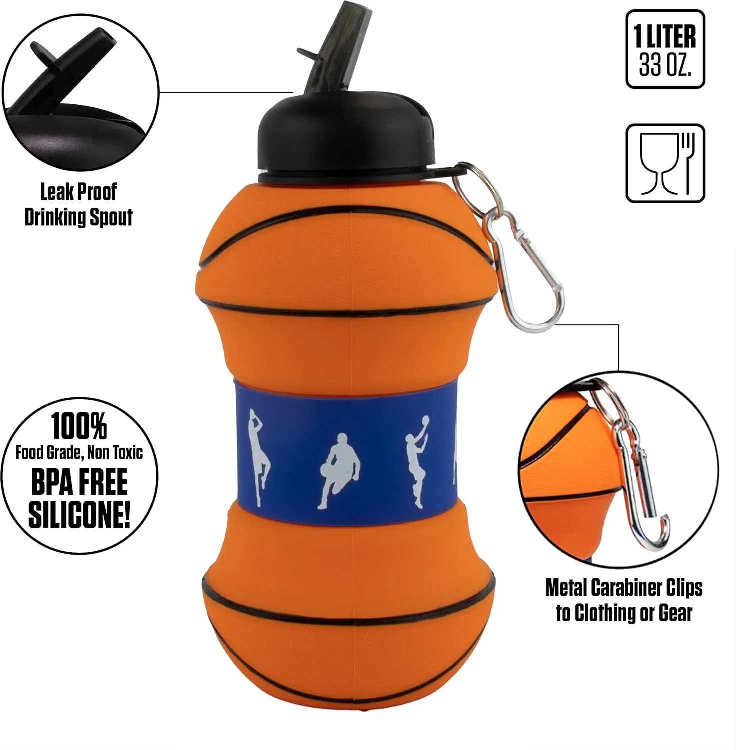 Maccabi Art Clip-On Collapsible 1 Liter, 34 oz. size BPA-Free Silicone Basketball Large Water Bottle for Kids