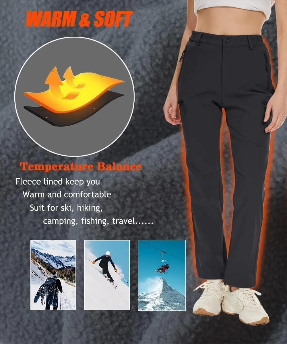 MAGCOMSEN Women's Fleece Lined Hiking Pants Waterproof Insulated Outdoor Snow Ski Pants Warm Winter Softshell Pants
